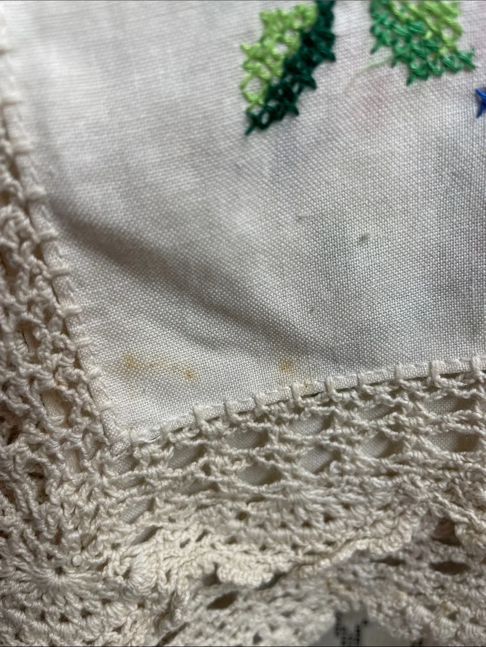 Handmade Cross-stitched Floral White Tablecloth with Crochet Trim Vintage